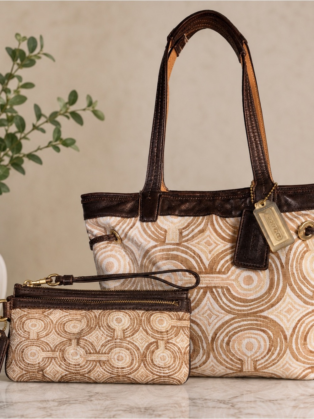 COACH Brown & Cream Patterned Canvas Tote with Wristlet